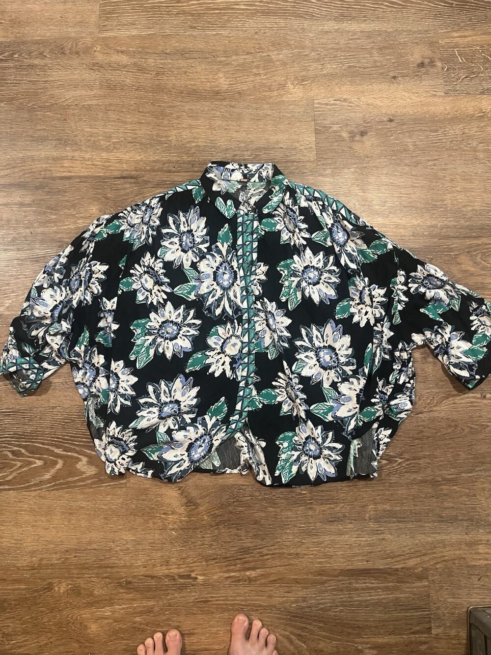 Free People Good Vibrations Blouse Black Combo Floral Print Size M Boho